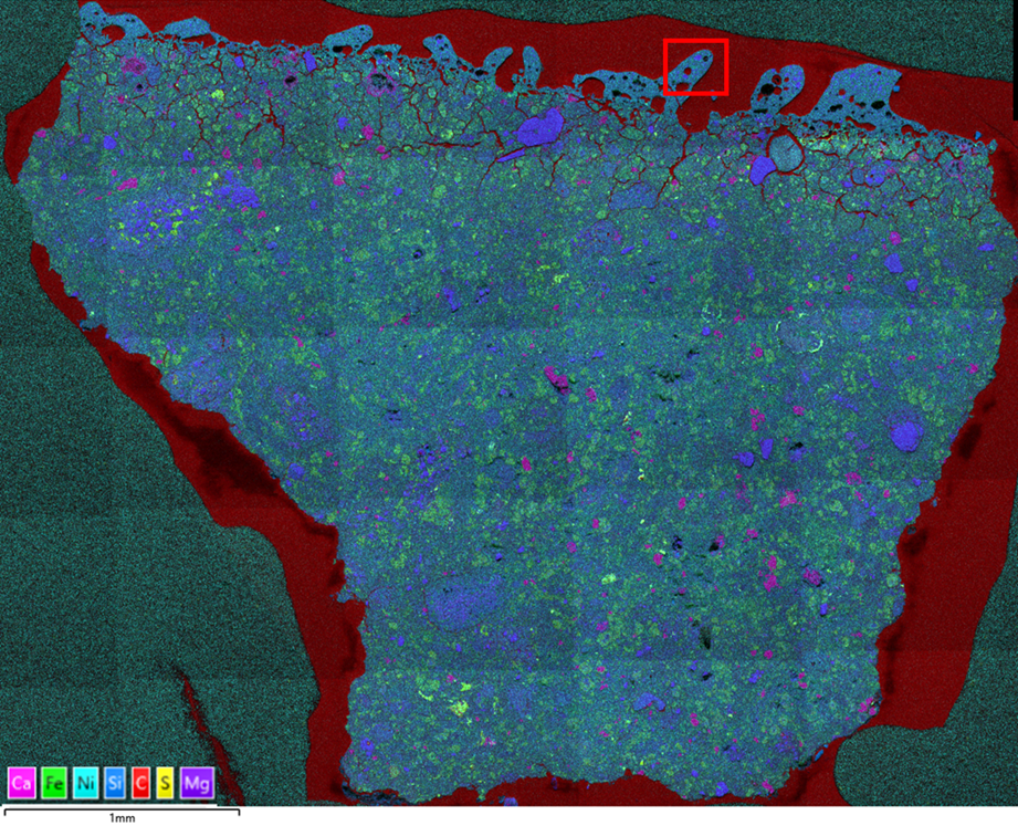 Figure 2: A series of individual maps stitched together to form a Large Area Map of the meteorite sample using AztecLive software. A coloured image combining X-ray element maps of the same region.